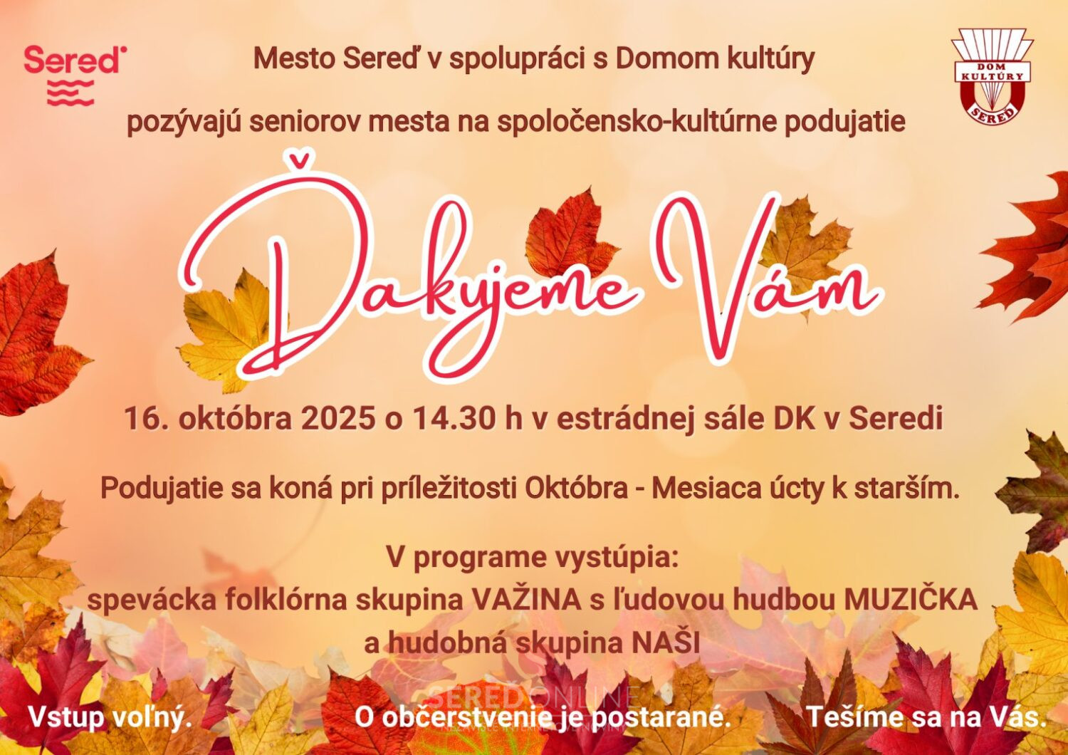 Pozvánka na spoločensko – kultúrne podujatie pre seniorov „Ďakujeme Vám“
